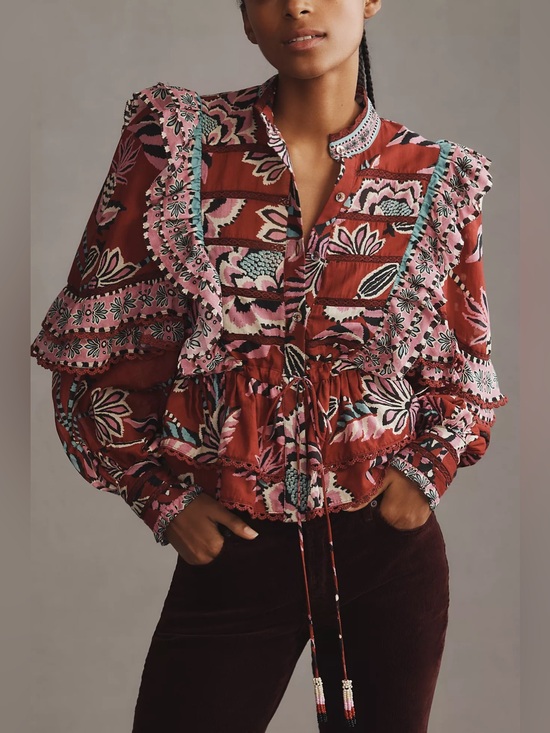 FARM Rio Tops - FARM Rio Boho Floral Ruffle Peplum Top - Burgundy Pink